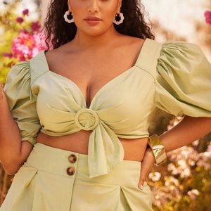 Fashion to Figure Green Puff Sleeve Belted Crop Top